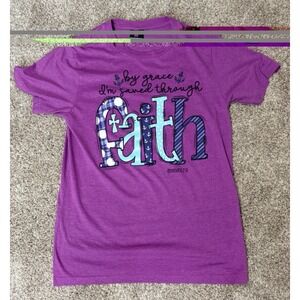 Women's Faith Based Graphic T-Shirt- "SAVED through faith purple M